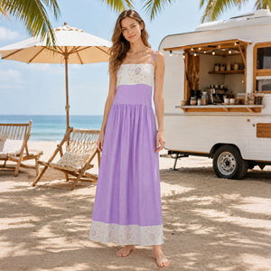 2026 Summer Women Purple <strong>White</strong> Embroidered Linen Maxi Dress Spaghetti Strap Sleeveless Casual Beach Dress - Product Image 5