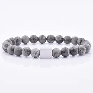 Fast delivery low moq gemstone bracelet Handmade Grey Jasper Gemstone Steel Logo Charm Custom Bead Jewellery Stone Jewelry