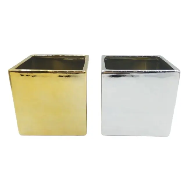 Wholesale heavy cube ceramic flower pots with electroplating gold silver cooper and white black red color glazing home decor