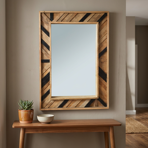Handcrafted Mango Wood <b>Framed</b> Wall Mirror Natural Honey Brown Black Inlay Geometric Design Mid Century Modern Eco-friendly <b>Large</b> - Product Image 2
