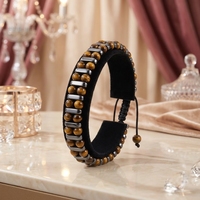 Bracelet en perles d'œil de tigre naturel et d'obsidienne noire |   Bracelets en corde tressée à double rangée, bijoux faits à la main unisexes, cordon réglable