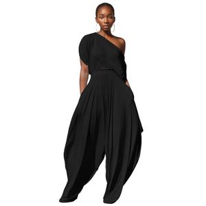 Conjunto de Pantalones y Top de Un Hombro de Color Sólido Personalizable para Mujer, 2 Piezas, a la Moda - Product Image 1