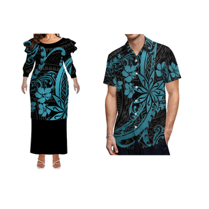 1MOQカスタムラージサイズハワイサモアプリントレディー長袖ドレスPuletasiドレスとアロハメンズカジュアルシャツセットカップル2個入り - Product Image 2