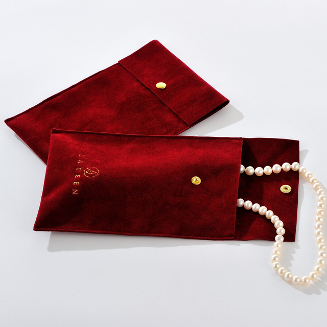 Custom Red Velvet Jewelry Bag Gold Snap Button Luxury Envelope Microfiber Jewelry Pouches for Boutique Brand Gift Packaging