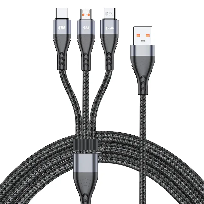 1.2 M 3 In 1 Micro USB Type C Charger Cable Multi USB Port Nylon Braided 5A Charging Line for Mobile 66W Phone