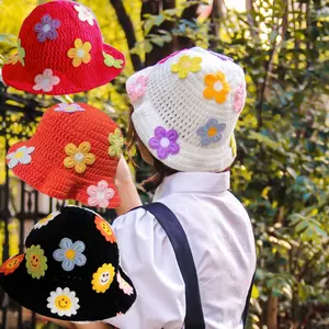 WD-A805 Womens Bucket Hat Crochet With Flowers Hand Crochet Chic Beach Sun Hat For Girls 2024 Beach Hat For Sunshade