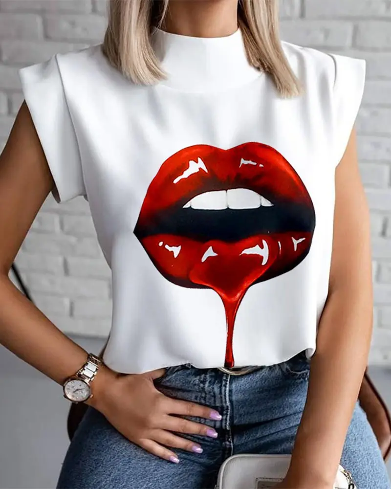 2024 elegante Lippen Augendruck Blusehemden Damen O-Ausschnitt Kurzarm Basic Top Sommer Freizeit Streetwear Shirt Pullover feminin