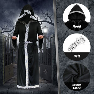 남성용 할로윈 마법사 후드 로브 블랙 망토 스커트 벨트 포함 코스튬 액세서리 - Product Image 3