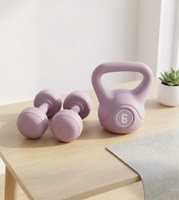 Ensemble d'haltères et de kettlebells pour entraînement à domicile, kettlebell de 6 kg + haltères de 2 kg, équipement de fitness portable antidérapant rose