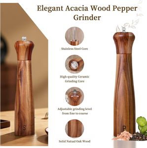 Ensemble moulin à sel et à poivre manuel en bois d'acacia élégant de 8 pouces – Offre spéciale - Product Image 2