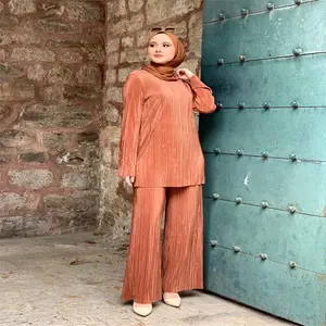 Stylish Solid Color Malaysia Plus Size Women Baju Kurung Modest Islamic Clothing Sets Pleated 2 Pcs Abaya Suit