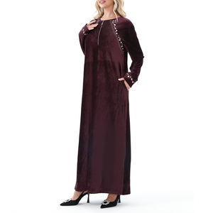 Shantou fábrica ropa islámica Libia Argelia árabe musulmán mujeres vestido Abaya invierno terciopelo bordado señoras Maxi vestido - Product Image 3