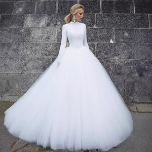 <b>White</b> High Neck <b>Lace</b> Ball Gown Wedding Dress Natural Waist Long Sleeve Elegant Style 2026 New Design - Product Image 1