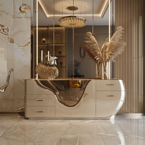 Luxury Curved Gloss <b>Console</b> Cabinet Unique Wavy <b>Gold</b> Metal Spacious Storage Space Minimal Modern Residential Entrance - Product Image 2