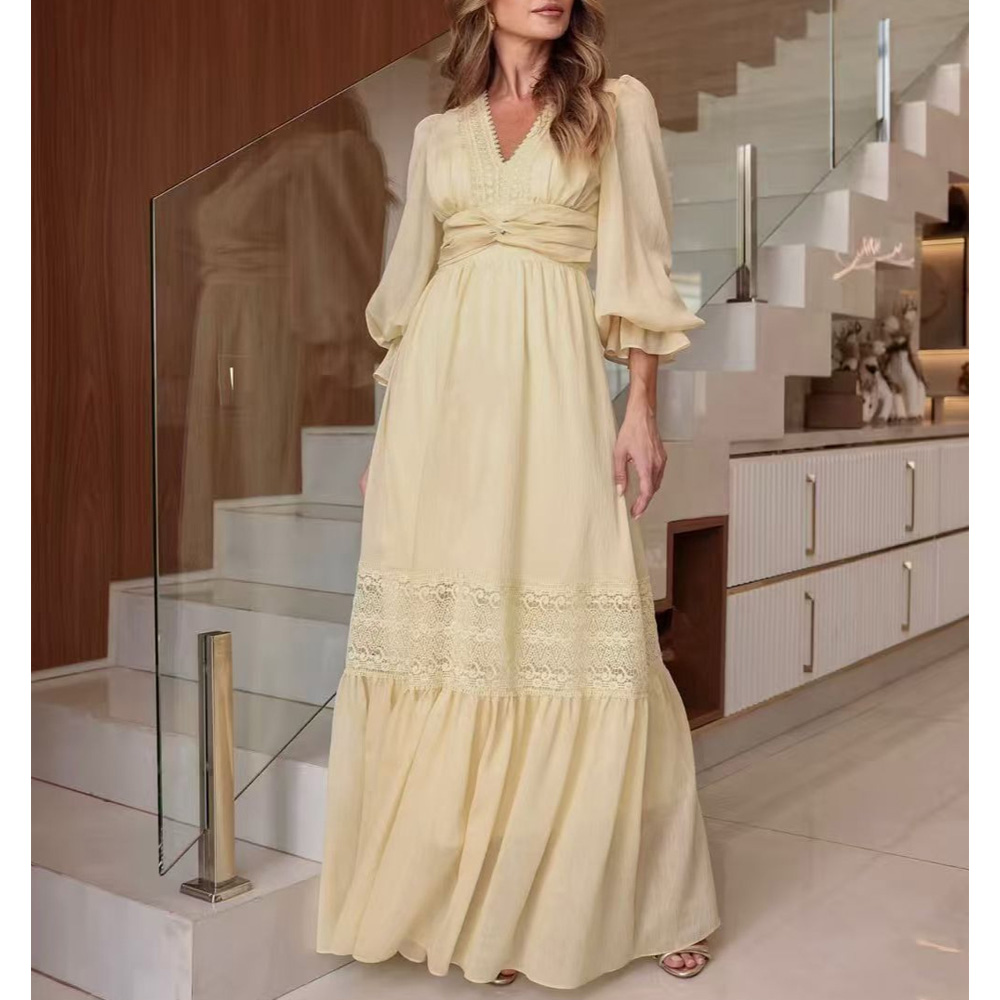 Lace Design Runway Dress - Elegant Hollow Out Maxi