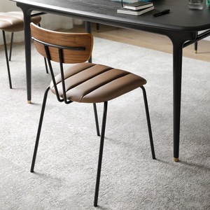 Dining Chair With <b>Backrest</b> Brown Leather Seat Wooden Back Metal Legs For Living Room Home Use Nordic Style - Product Image 2