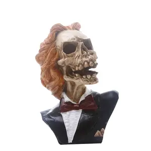 북유럽 인기 트릭 소품 긴 빨간 머리 성격 머리 두개골 남자는 중국에서 검은 세트 빨간 활 해골 동상 조각을 착용
