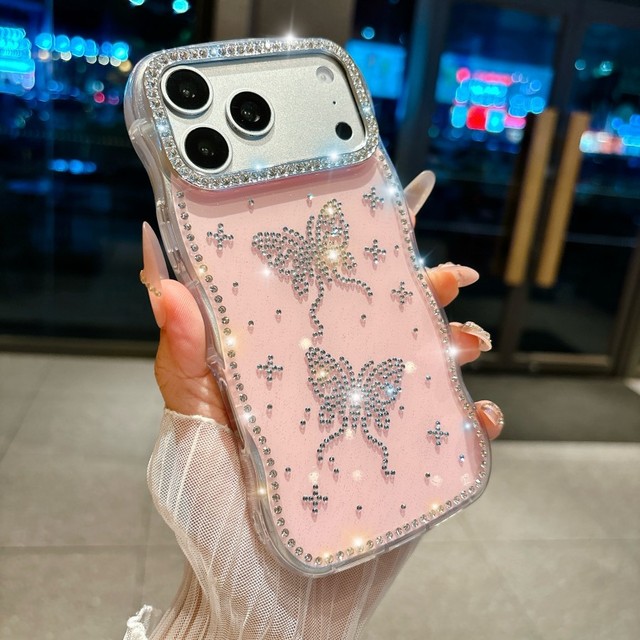 Glitter Wavy Edge Phone Case with Rhinestone Butterfly Design Bling Sparkly Protective Cover for iPhone 17 Pro Max 16 15 14 13