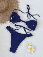 TW 2026 mode baru warna Solid tali pinggang rendah Bikini seksi punggung terbuka tiga titik baju renang pinggang rendah Bikini wanita