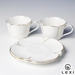Set di Tazza e Piattino in Porcellana Bianca con Bordo Dorato LEXI, Elegante Tazza <span class=keywords><strong>da</strong></span> Tè in Ceramica a Forma di Giglio per il Tè del Pomeriggio - Product Image 1