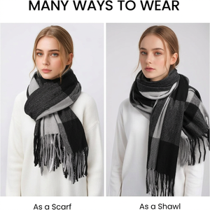 Women Reversible <b>Wool</b> Checkered Long <b>Scarf</b> With Tassel Fringe Winter Fashion Accessory For Daily Wear - Product Image 3