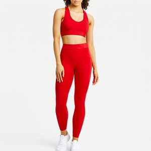 Women's Red Seamless Yoga Sports <b>Bra</b> And Leggings Set Scoop Neck Halter Medium Support Spandex Polyester Activewear - Product Image 1