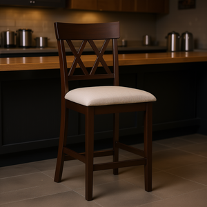Dark Brown Counter Height <b>Bar</b> <b>Stool</b> Double X Back Fabric <b>Padded</b> Seat Modern Wood Frame Dining Furniture - Product Image 2