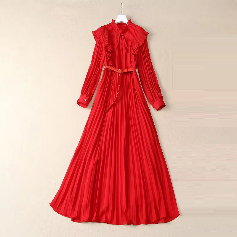 Women's Autumn Pleated Maxi Dress With Long Sleeves And Sashes For Party Use In Solid Color
