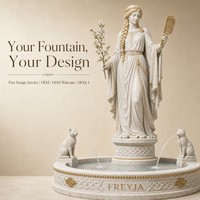Fontaine Colonne en Marbre Blanc Personnalisée, Statue Nordique Freyja, Fontaine à Eau Chat au Peigne Doré, Design 3D, Projets OEM pour Villa