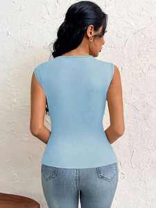 I-0597 Nouveau T-shirt Femme Printemps-Été Style Sexy & Club Col en V Coupe Classique Manches Courtes Couleur Unie Impression Numérique Polyester - Product Image 5