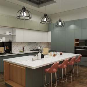 Gabinetes de Cocina Modernos Personalizados con Temática Forestal, Gabinetes de Isla con Estructura de Tablero de Melamina para Uso Doméstico, Incluye Protector Contra Salpicaduras - Product Image 1