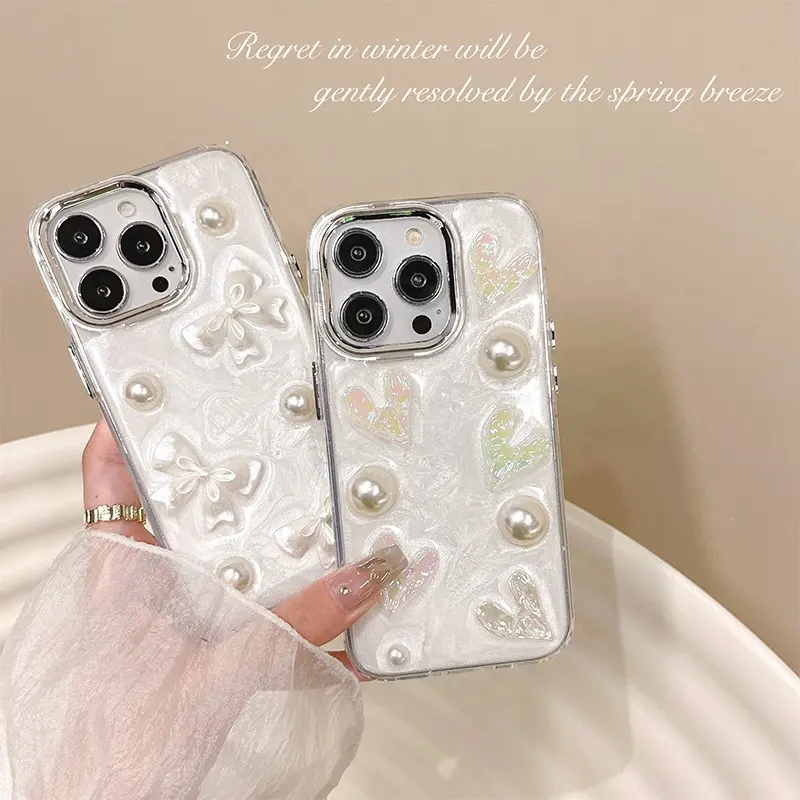 Ins style Girl Mobile phone case for iPhone 14 plus 13 15 12 pro max 3D Crystal Love Pearl Clear Shockproof Soft TPU Cover