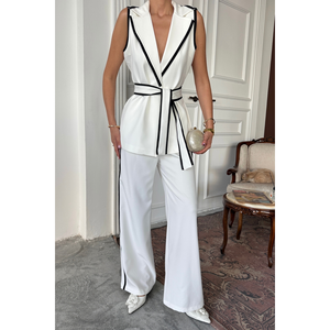 Ensemble pantalon et gilet à détails piping avec ceinture blanc pour femme taille S - Product Image 4