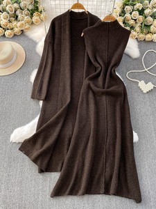 Cappotto Cardigan lungo lavorato a <span class=keywords><strong>maglia</strong></span> da donna <span class=keywords><strong>in</strong></span> due pezzi + abito senza maniche elegante autunno - Product Image 2