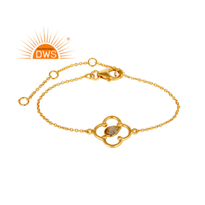 Flower Design Golden Rutile <b>Gemstone</b> <b>Bracelet</b> Indian Gold Plated Sterling Silver Chain <b>Bracelet</b> Jewelry Manufacturer - Product Image 1