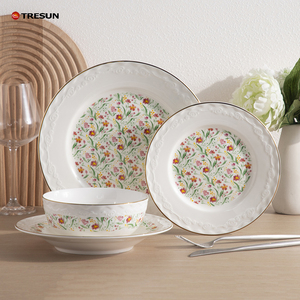 Wholesale Golden Trim Rim Floral Design oem 16 pieces Custom Ceramic <b>Dinnerware</b> Dinner Set Custom Plate Set - Product Image 5