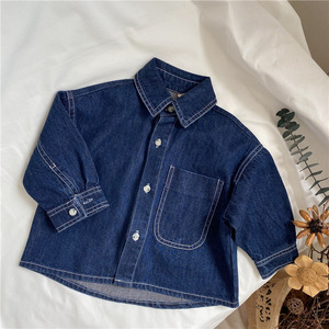 Chemises en jean pour garçons, <span class=keywords><strong>bleu</strong></span> <span class=keywords><strong>marine</strong></span>, surdimensionnées, style boxy, boutons, décontractées, enfants, automne, coton, respirantes, manches longues, unisexe - Product Image 1