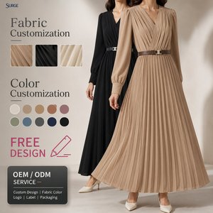 Robe midi <span class=keywords><strong>d</strong></span>écontractée pour femme, personnalisée, à manches longues, kaki, col en V, plissée, ceinturée, taille haute, coupe trapèze, pour le bureau et le quotidien - Product Image 1