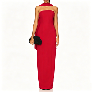 Vestido de Noche Largo Rojo Rubí sin Tirantes con Cuello Tipo Pañuelo Integrado, Tallas S-6XL, Crepé, Vestido Formal para Banquete, Gala, Venta al por Mayor para Boutiques - Product Image 3