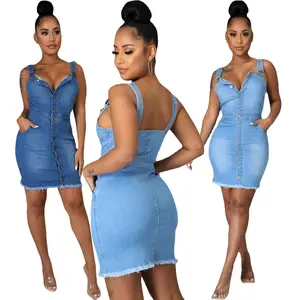 חדש סיטונאי עמוק V סקסי Bodycon שרוולים שמלת נשים ללא משענת ינס שמלה מזדמן נשים ז 'אן