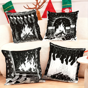 Taies d'oreiller de Noël noires et blanches avec des motifs de cheminée et de bas de Noël festifs pour une décoration de vacances chaleureuse. - Product Image 1