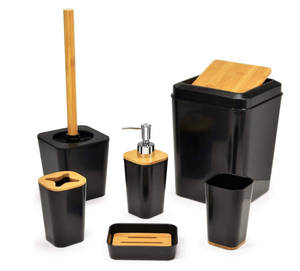 Six Piece Bathroom Accessory Set Includes Toothbrush Holder, Lotion Dispenser, Soap Dish, Tumbler, Waste Bin & Toilet Brush