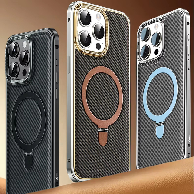 Carbon Fiber Spring Buckle Metal Frame Magnetic Wireless Charging Pu Leather Kickstand Phone case Cover for iphone 17 16 Pro Max