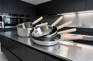 Poêle en acier inoxydable <span class=keywords><strong>de</strong></span> haute qualité, durable, <span class=keywords><strong>de</strong></span> fabrication allemande et italienne, avec poignée en bois et caoutchouc, adaptée aux cuisinières à <span class=keywords><strong>induction</strong></span>, au gaz et à l'électricité - Product Image 2