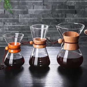 Pot kopi kaca borosilikat tinggi 39 tahun, Pot pembuat Dripper kopi kaca buatan tangan dengan kerah kayu 400ml/600ml/800ml