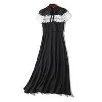 Femmes Nouveau Designer Mode Demi-col montant Noir et Blanc Dentelle Patchwork Longue Robe en Mousseline Robe Décontractée