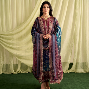 ชุดเดรส Anarkali สีน้ำเงินกรมท่าปักลาย ทรงหลวมยาวคลุมเท้า สไตล์ชาติพันธุ์ สำหรับงานปาร์ตี้ ชุดสตรีแบบ Shalwar Kameez - Product Image 1