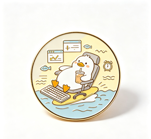 Pin Metálico Circular Bañado en Oro con Diseño de Pato Trabajando en Teclado en Agua, Esmalte Duro, Temática Animal, Artículo Coleccionable - Product Image 2