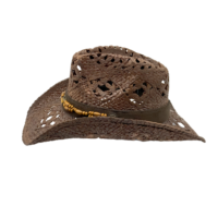 Chapeau de cowboy en paille marron foncé ajouré en gros |   Chapeaux de plage d'été personnalisés en bois et cuir pour femmes et hommes, parfaits pour les festivals et les fêtes