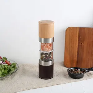 Beech Wood 2 in 1 Dual Mill 47mlx2 Transparent Plastic Jar Ceramic Core Spice Grinder Pepper Mill